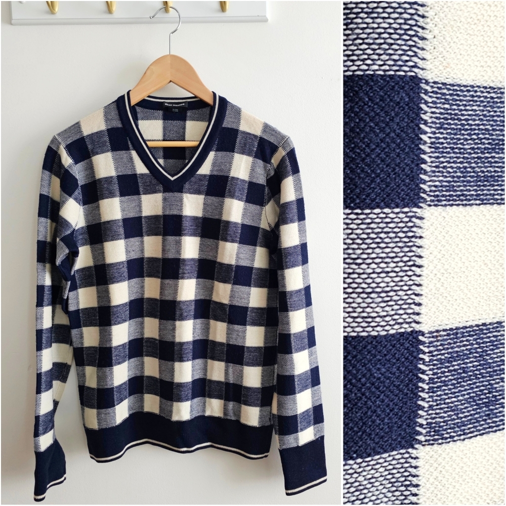 Club Monaco 100% Wool Men's V-Neck Gingham Checkered Navy Plaid Cardigan XS